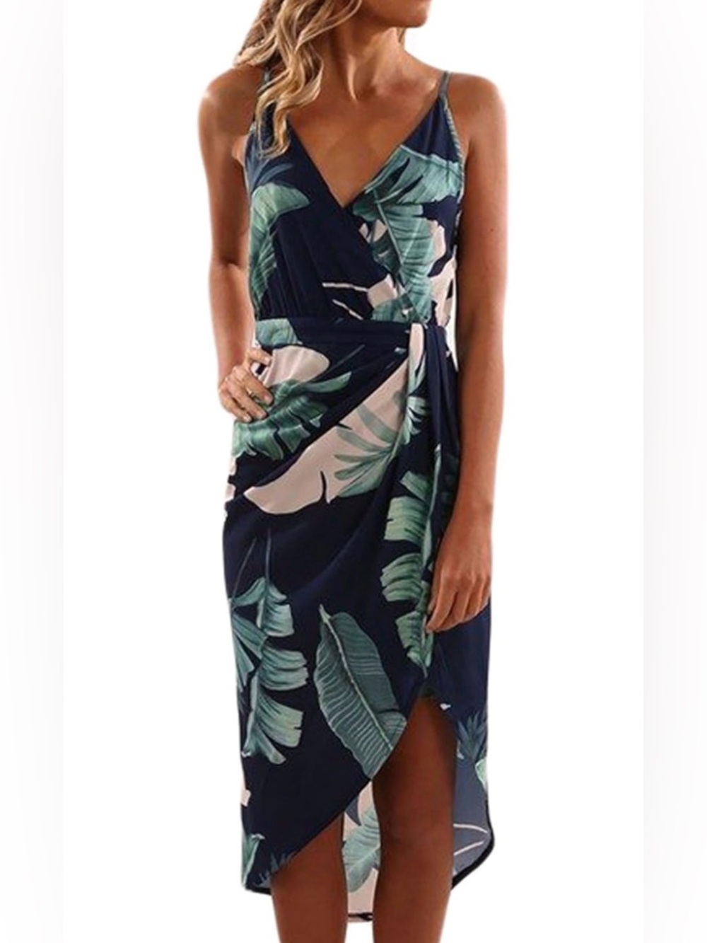 Dear Love Tropical Leaf Print Faux Wrap Dress
